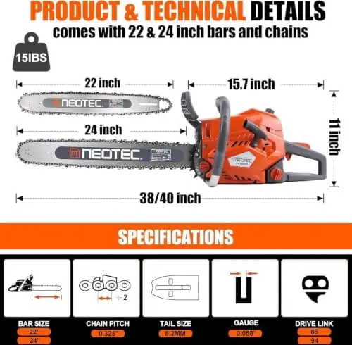 68CC Gas Powered Chainsaw 22 24 Inch Bar Chainsaws 2-Cycle Cordless Handheld  Chain Saw for Backyard