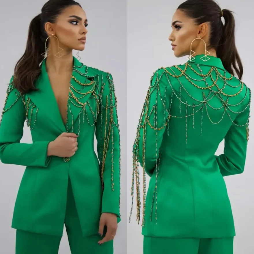 Chic Women 2‑Piece Pants Suit Beaded Tassel Chain Notched Lapel Blazer Straight Trousers For Evening Party Banquet Customized