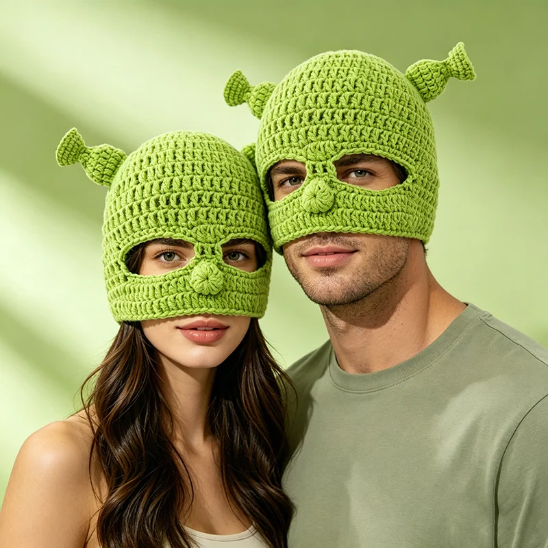 Funny Shrek Balaclava Hat Handmade Crochet Green Ogre Knitted Full Face Mask Cap Halloween Cosplay Party Unisex Winter Beanie