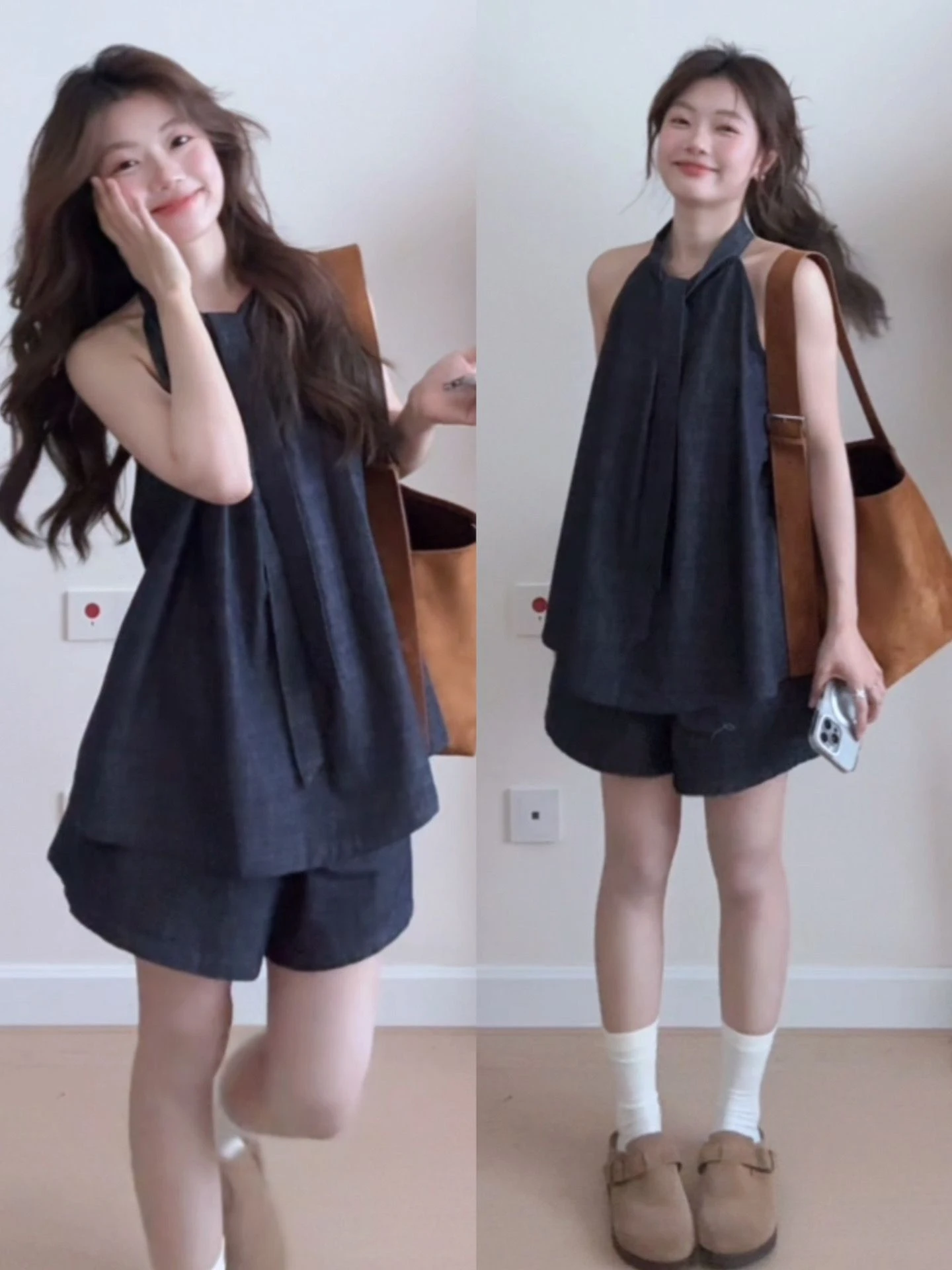 

Retro Lightweight Breathable Neck Hanging Vest Wide Leg Shorts Women Summer 2026 Anti-Aging Fashion Set High Waist Shorts