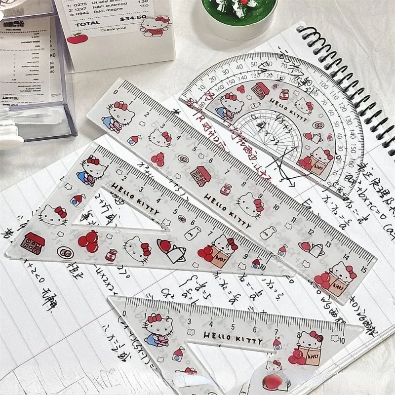 Hello Kitty simple creative sweet and cute cartoon pattern high-value learning stationery plastic ruler four-piece set wholesale