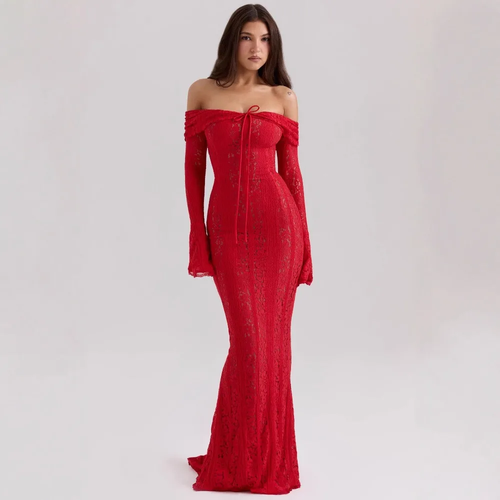 빈티지 홀로우 아웃 플로럴 레이스 오프숄더 맥시 드레스 여성 패션 플레어 슬림 드레스 우아한 여성 파티 드레스