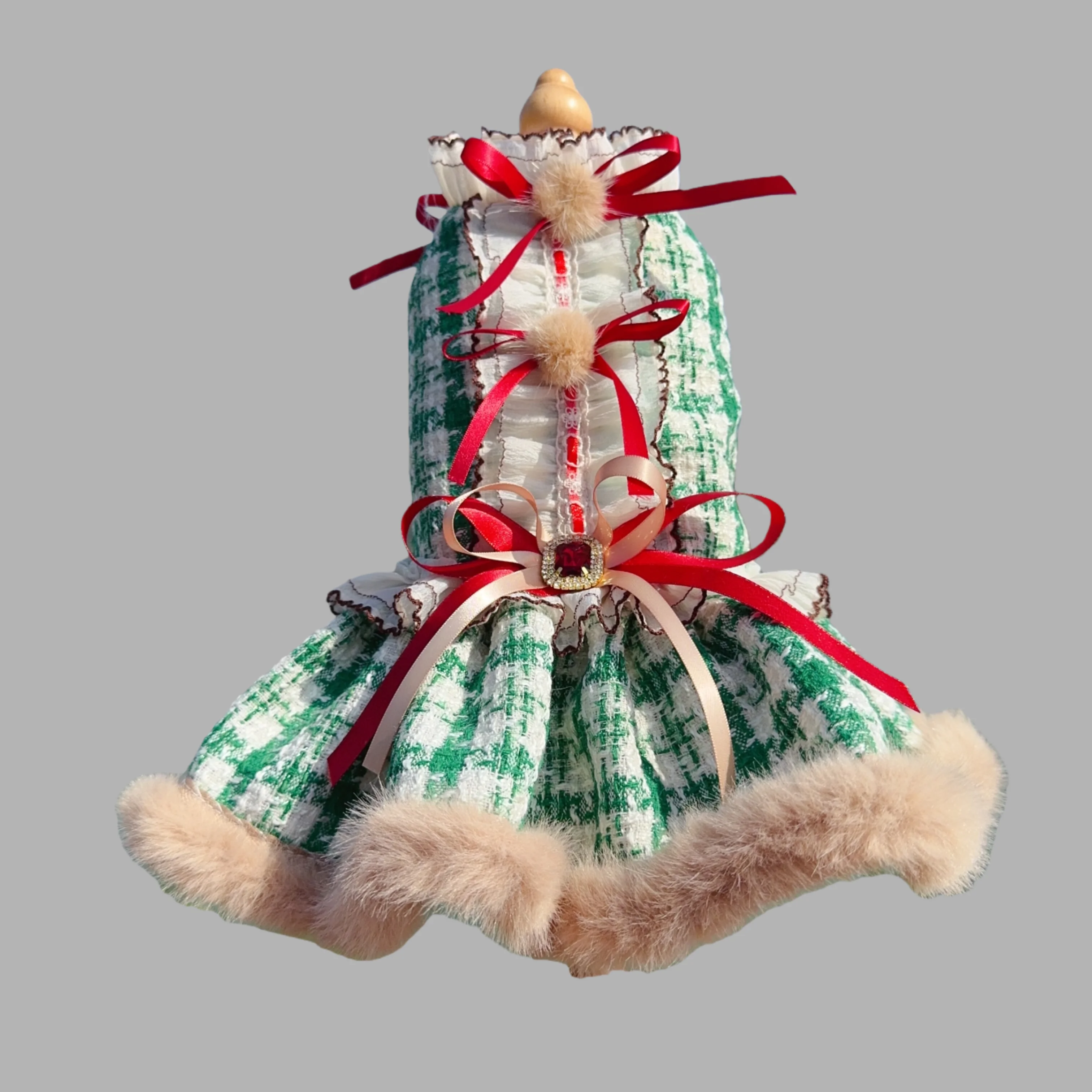 

Pet Dog Dress for Autumn Winter Christmas,Green White Plaid Gown with Trim and Red Bows,Original Party Costume for Dog Cat