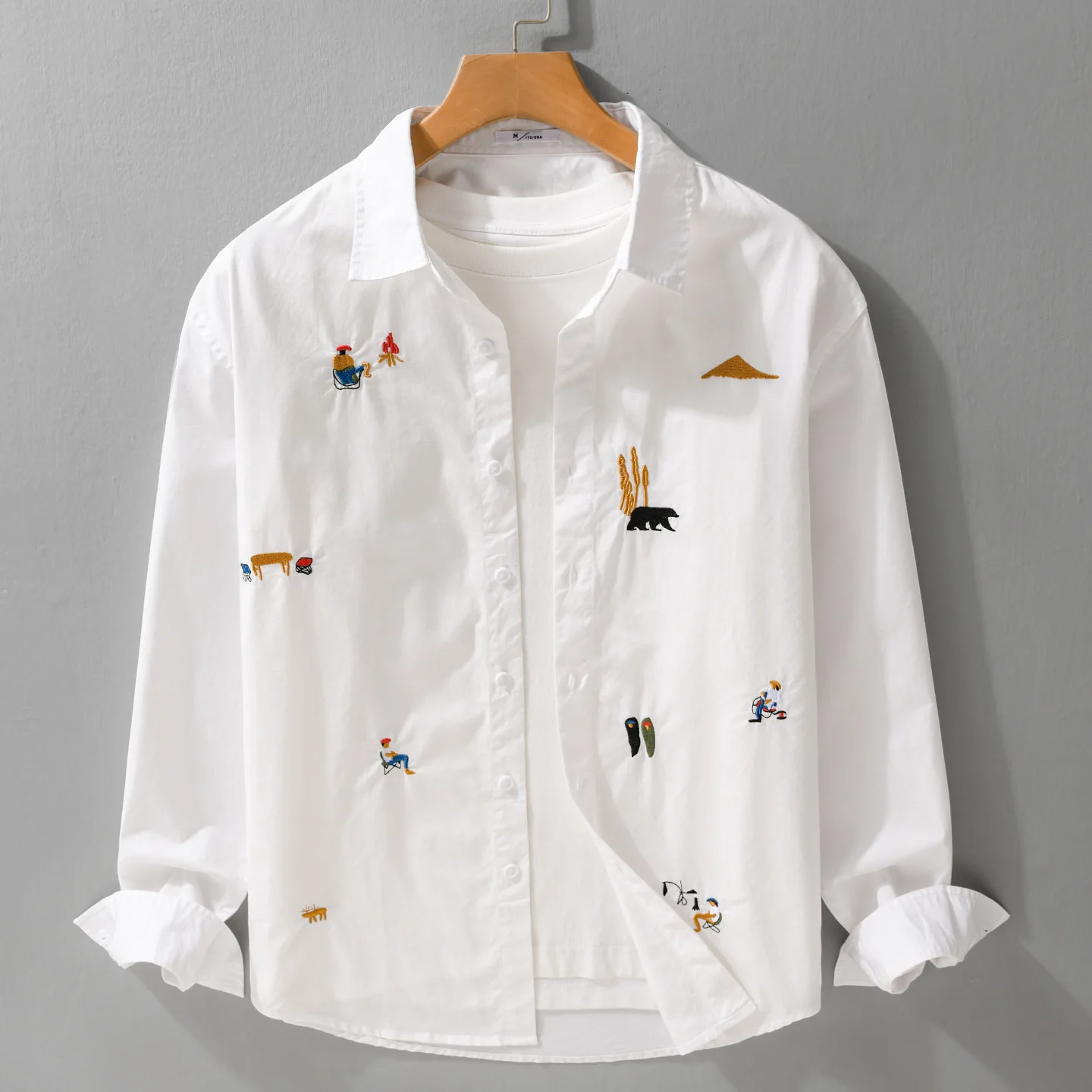 New Long Sleeve White Men Youth Streetwear Cartoon Embroidery Shirt Man Comfort Pure Cotton Causal Shirts Korean Fashion Tops