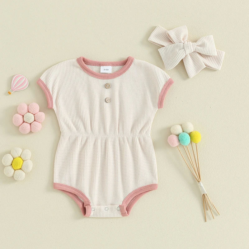 Baby Gir Waffle Outfits, Round Neck Short Sleeve Contrast Trim Romper with Decorative Buttons + Headband Toddler Summer Set