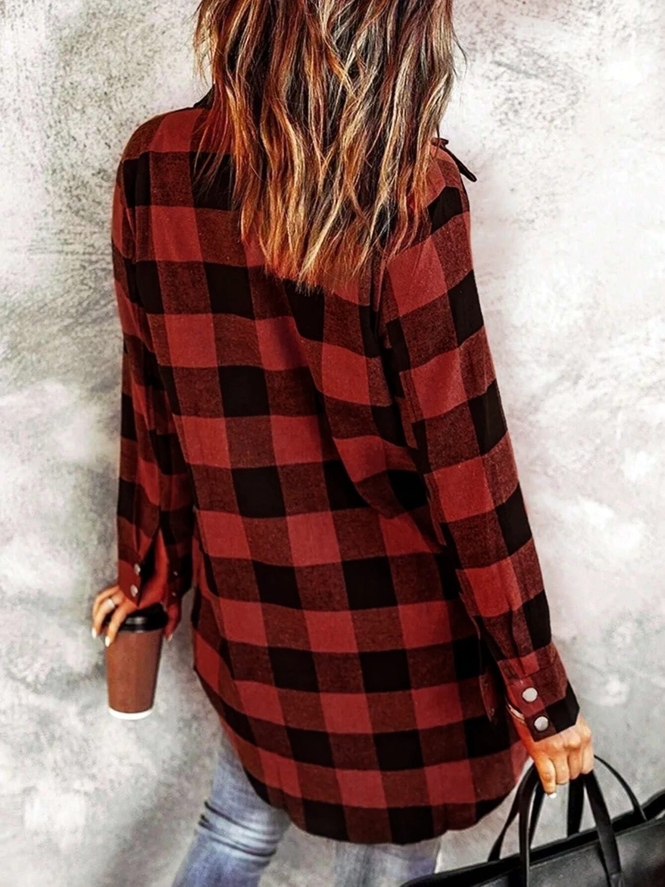 Damen Karierte Hemdjacke, Langarm-Bluse mit Knopfleiste, Lässige Mode für Alle Jahreszeiten, Stilvolle Damen-Oberbekleidung – Detail 2