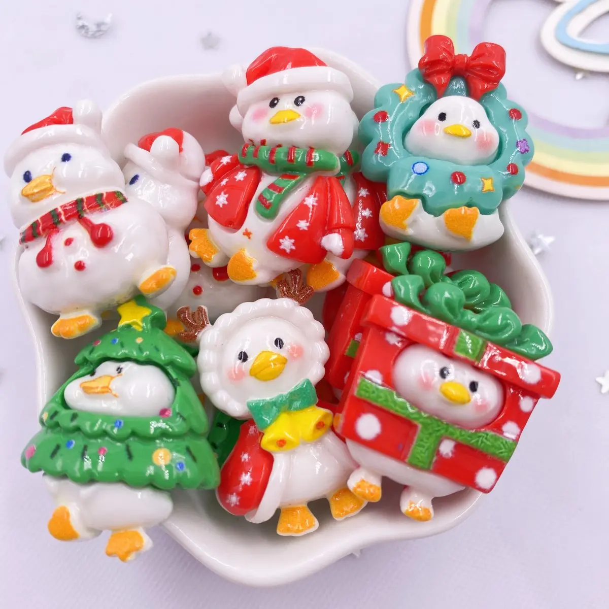 Resin Colorful Cartoon Christmas Tree Snowman Gift Box Flat back Scrapbook Duck Christmas Party Figurines 10PCS DIY Decor Crafts