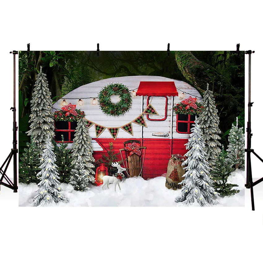 Mehofond Fotografie Hintergrund Weihnachten Camper Winter Snowy Pine Baum Ferien Kinder Familie Porträt Decor Hintergrund Foto Studio