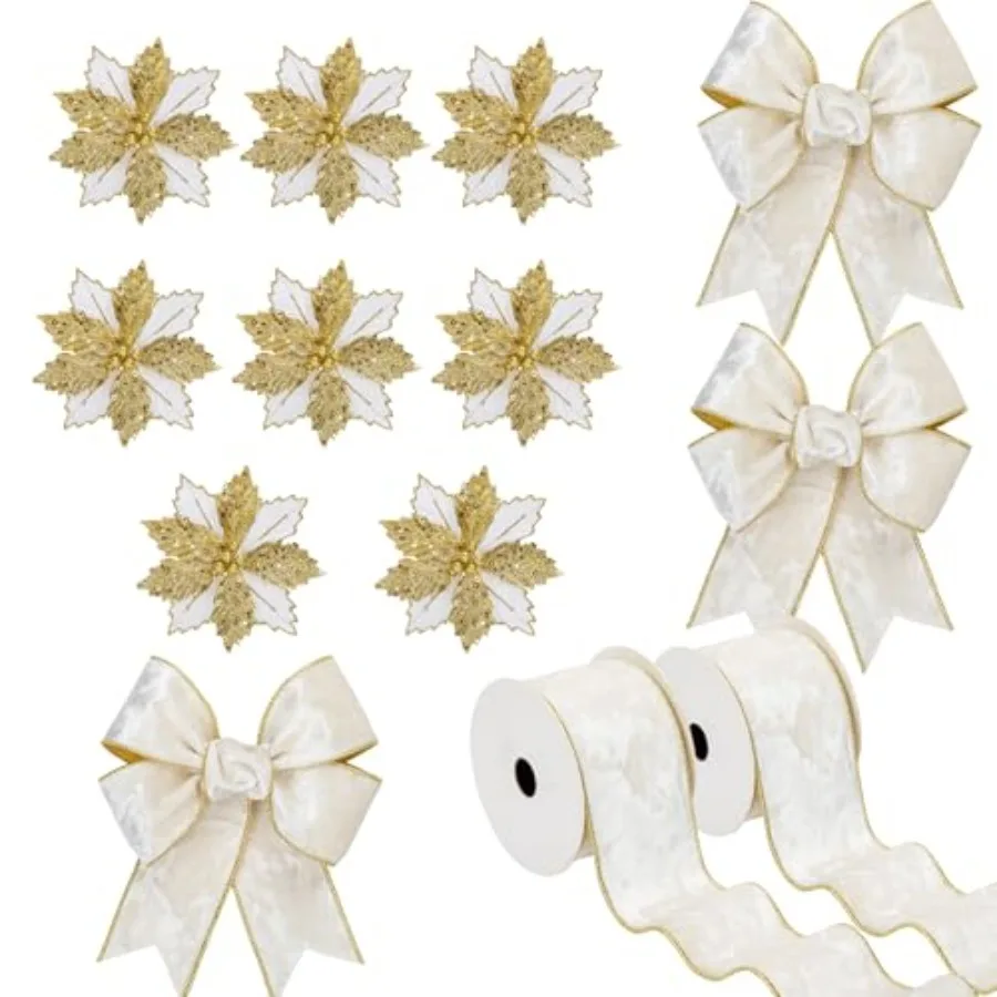 

Белая бархатная рождественская лента и 8 шт. цветов пуансеттии для украшения елки, упаковки подарков, венков, гирлянд, больших бантов
