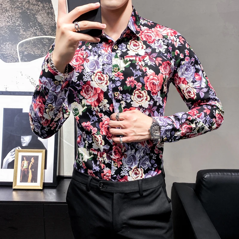 100% Cotton Men Floral Shirts Dress Autumn Summer Flower Print Long Sleeve Button Up Male Casual Shirt Stage Banquet Street Wear