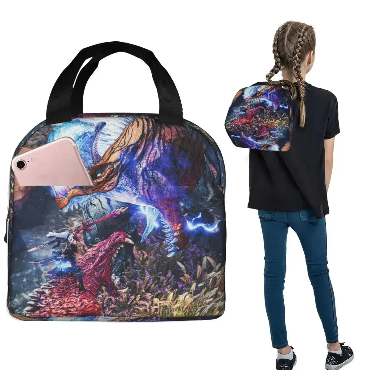 Monster Hunter World Insulated Lunch Bag for Women Children Portable Food Boxes Thermal Lunch Box Tote