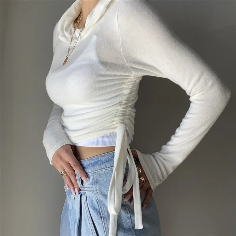 Sexy High-necked Long-sleeved Drawstring Women's Retro Hooded See-through Slim-fitting Drawstring Long-sleeved Top Street Tshirt