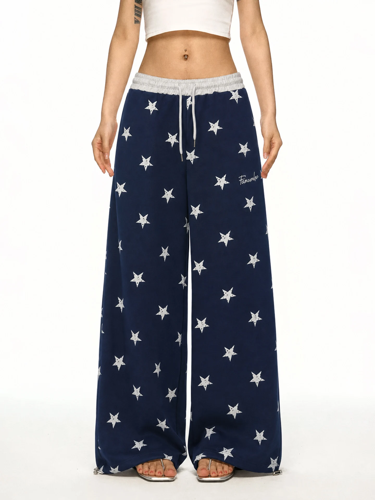 Aaisup American Deep Blue Star Print Wide Leg Pants Women's Loose All-Match Elastic Waist Sports Casual Pants