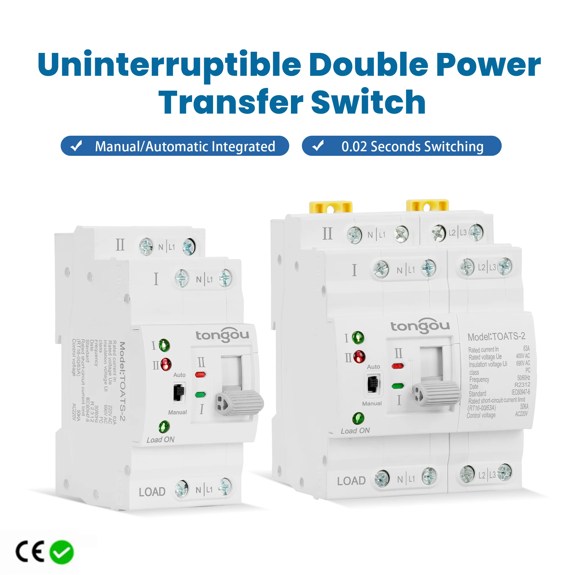 TONGOU Din Rail 2P 4P ATS Dual Power Automatic Transfer Switch Electrical Selector Switches Uninterrupted Power 110V 220V 63A