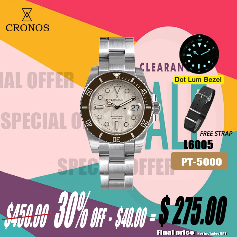 Cronos Sub Diver Men Watch Stainless Steel PT5000 Bracelet Ceramic Bezel 200 meters Water Resistant Glideclasp reloj hombre