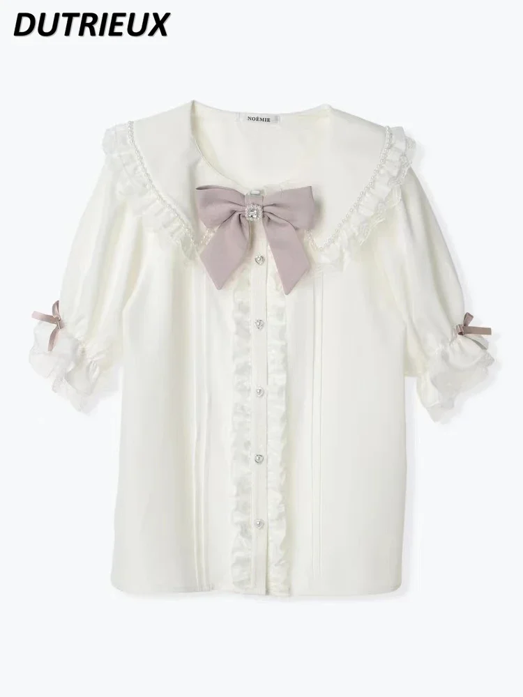 Japanese Original New Mine Women's Kawaii Lace Bow Short-Sleeved White Shirt Summer Doll Collar Sweet Cute Girls Wild Tops