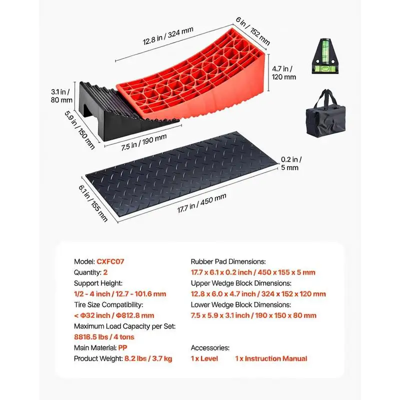 RV Leveling Wedges 15" For Travel Trailers Motorhomes Campers 4" Lift Height Heavy Duty Curved Ramp Kit Rubber Mats Carrying Bag Bubble Indicators 2-Pack view 8