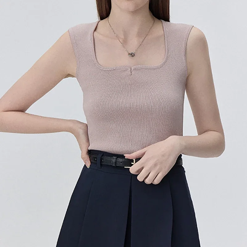 HELIAR Women Square Collar Solid Tank Top Casual Slim Sleeveless Crop Top Sexy Off Shoulder Cropped Top Spring Summer Y2K Camis