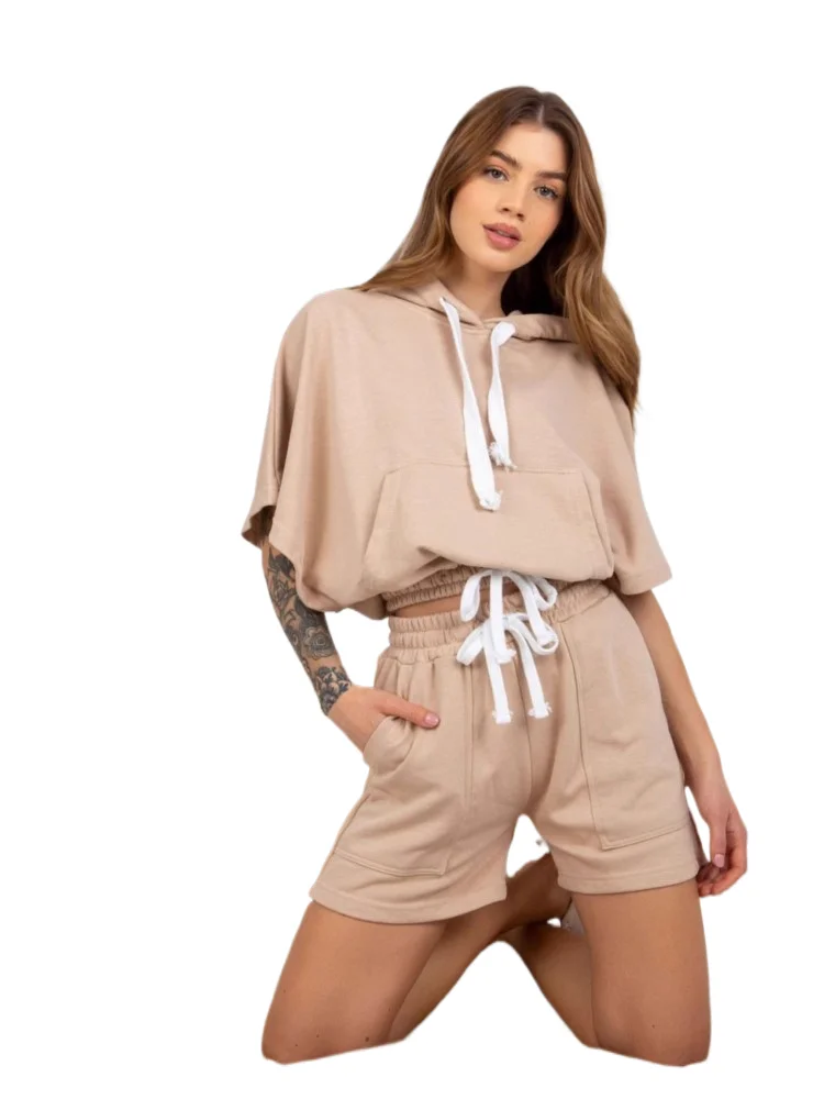 

Women Sports Casual Two Piece Set 2025 Summer Fashion Comfort Solid Color Loose Tops And Shorts Pocket Drawstring 2 Piece Sets