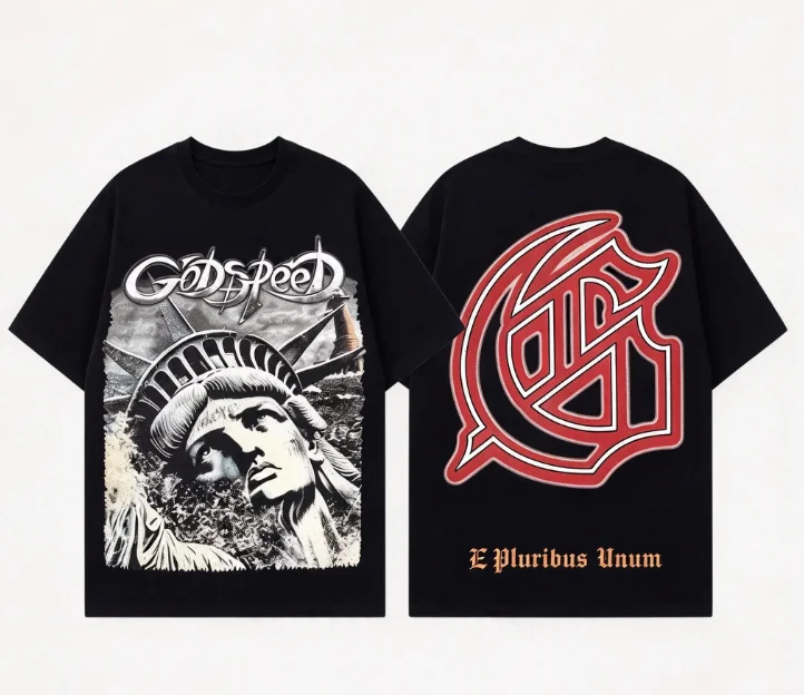 2026 tee with retro Statue of Liberty portrait monogram prints on front back American vintage street style unisex loose street