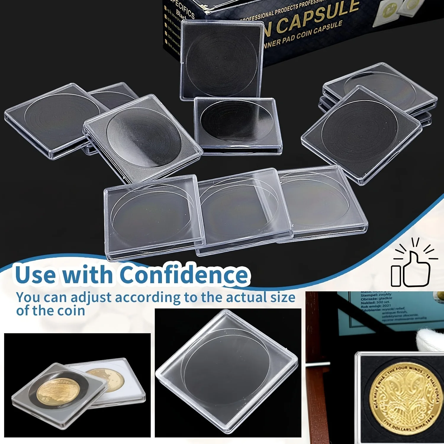 20Pcs Adjustable Acrylic Coin Collection Cases with Sponges Coin Snap Holder Silver Dollar Protection Cases Collection Supplies