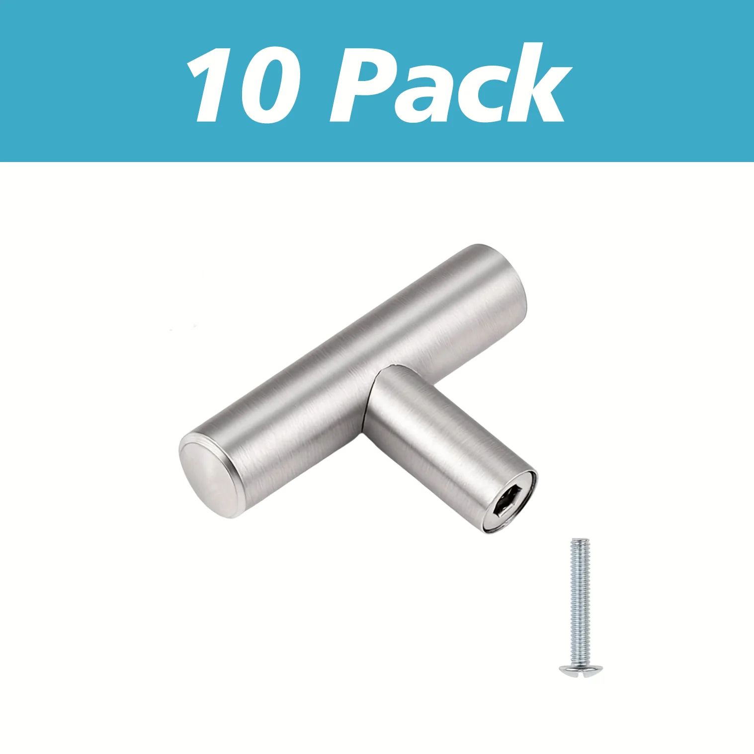 Set of 10 European-style round T-bar satin nickel cabinet handles, single-hole stainless steel, 2 inches total length