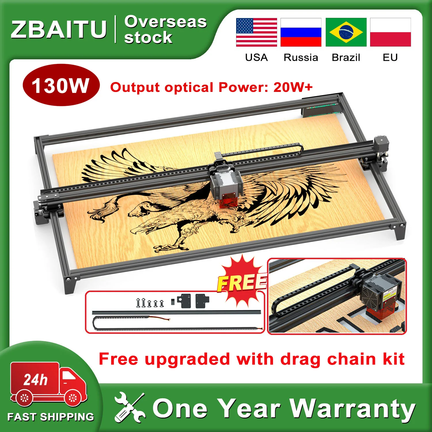 ZBAITU 130W Powerful Laser Engraver 20W Optical Power Laser Head with Air Assist 4 Diodes TTL Blue Light Module DIY Cnc Machine