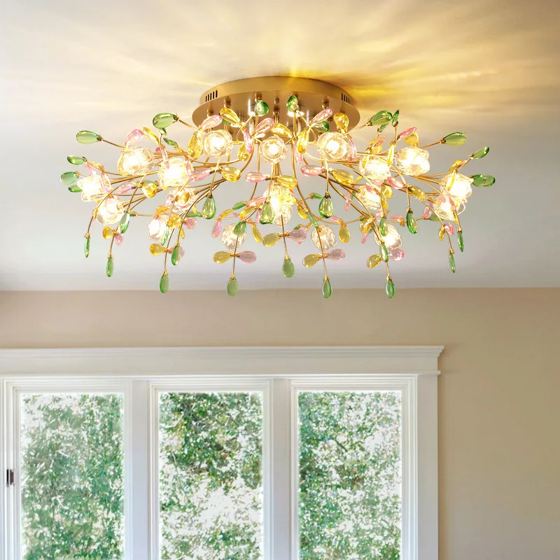 Color flower crystal ceiling lamp light luxury living room bedroom study romantic magic art small fresh Zhongshan lamps