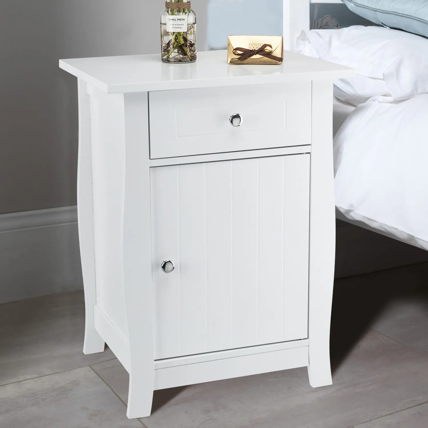 

[Flash Sale]FCH Single Door MDF Nightstand with 1 Drawer Bedside Cabinet 45x34.9x60CM White[US-Stock]