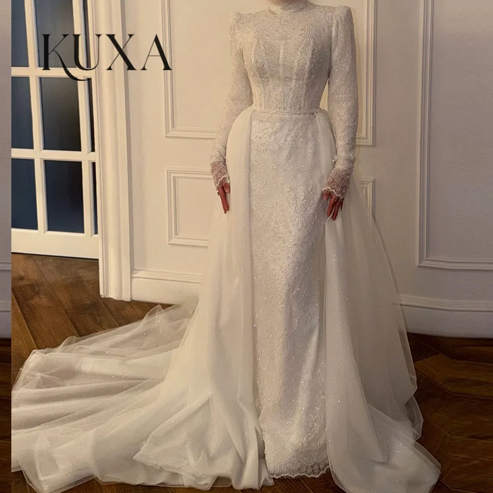 KUXA Muslim Gorgeous Shining Lace Bridal Gown Women Saudi Arabia High Neck Full Sleeves Wedding Dresses For Woman Customized