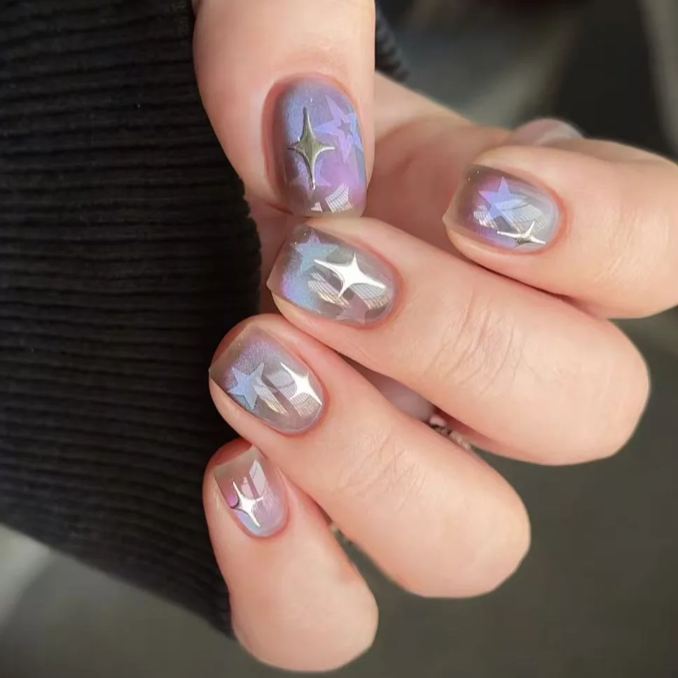 10 Uds. De uñas postizas cuadradas cortas hechas a mano con forma de ojo de gato rosa brillante, uñas postizas metálicas con estrellas negras dulces y frescas, uñas estilo Y2k Ins