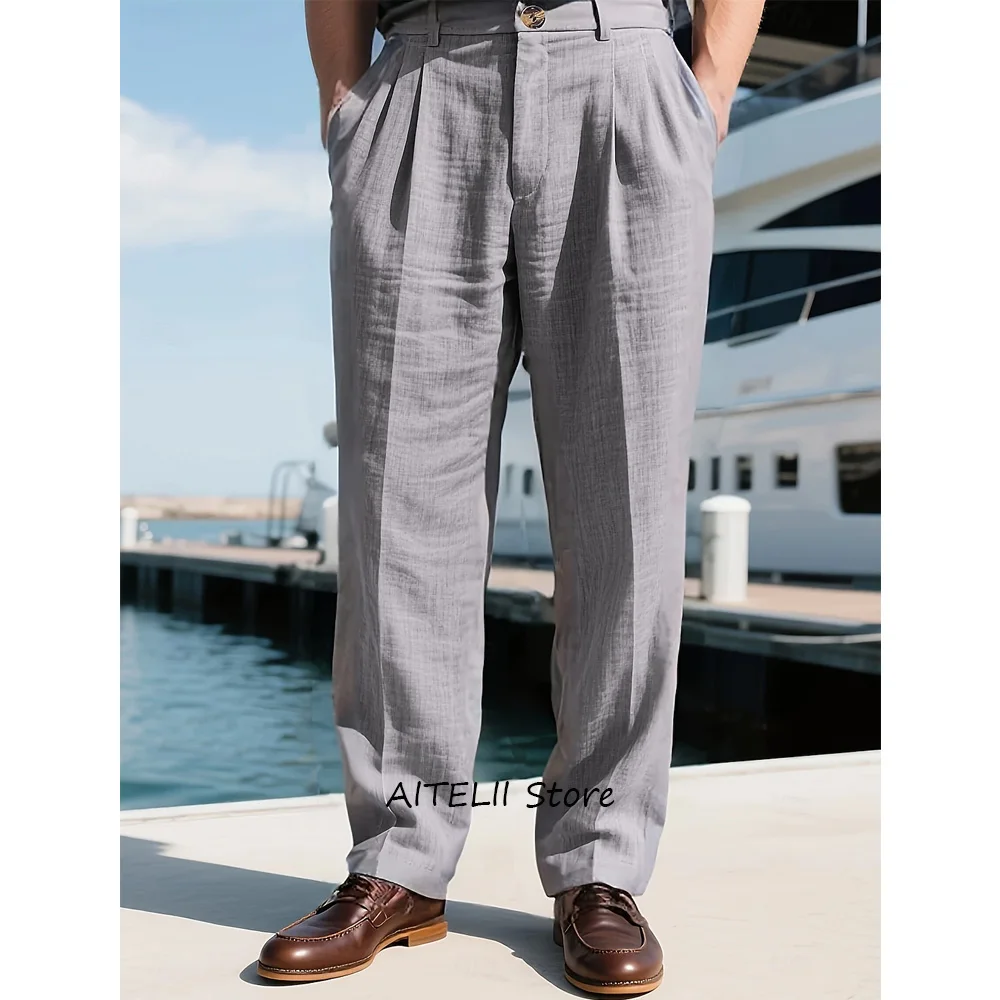 

Classic Men's Pants for Man Light and Comfortable Solid Color Casual Linen Fabric Straight Trousers Work Trouser Tailoring