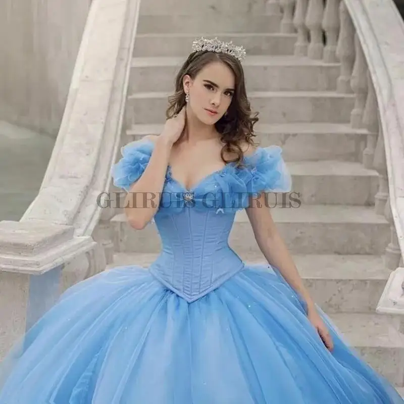 Sky Blue Cinderella Vintage Ball Gown Quinceanera Dresses Off Shoulder Lace-Up Tulle Vestidos Birthday Party Customized