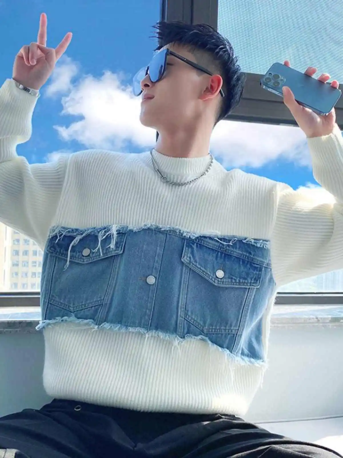 

Autumn Winter New Sle Men's Long Sve Knitted Sweater Denim Patchwork High-End Feeling Trendy Design Inner Wear Casual Youth