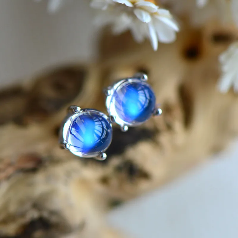 DIY accessories European and American synthetic moonstone stud earrings blue light plating s925 sterling silver simple temperame