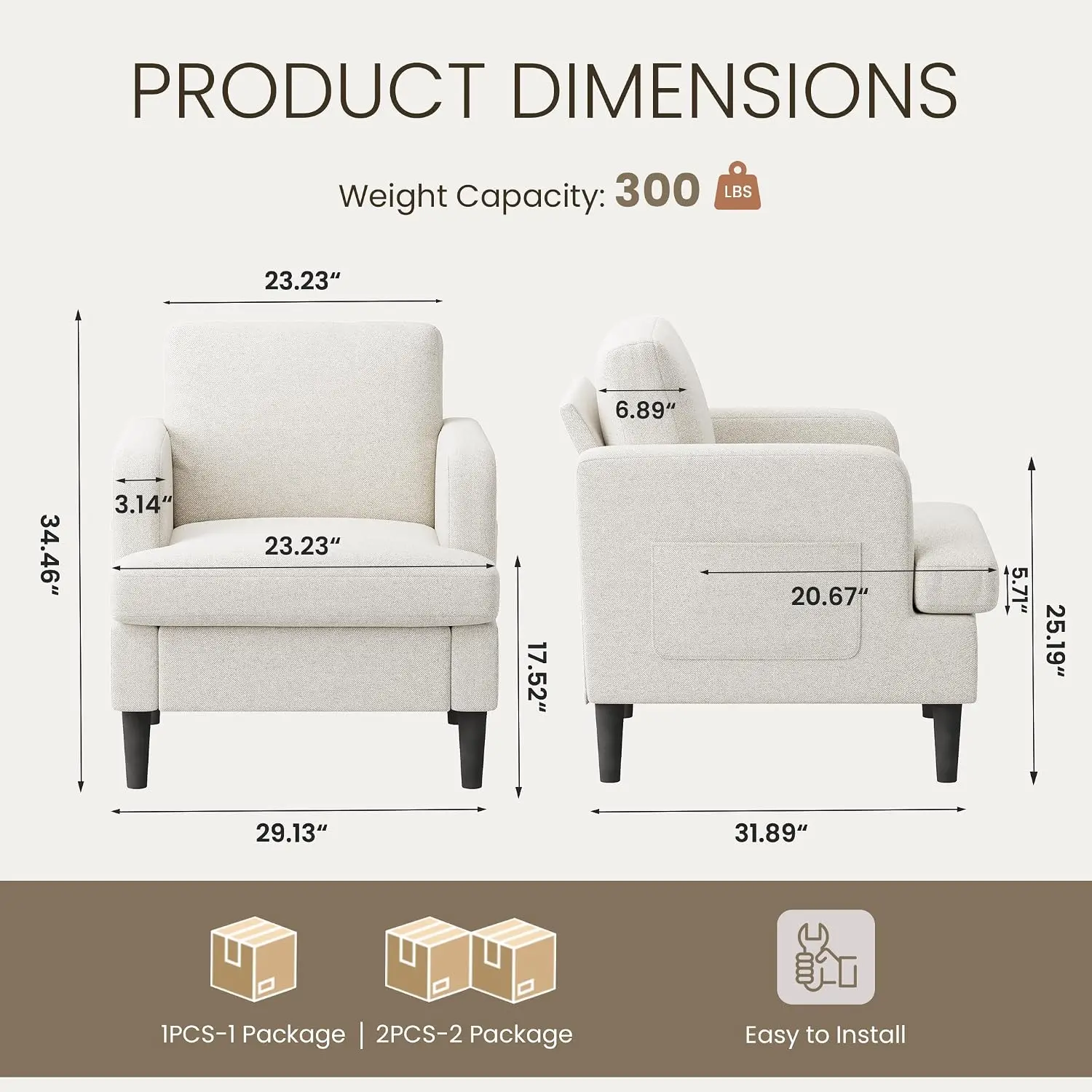 Accent Chair for Living Room, Armchair with Wood Legs, Beige