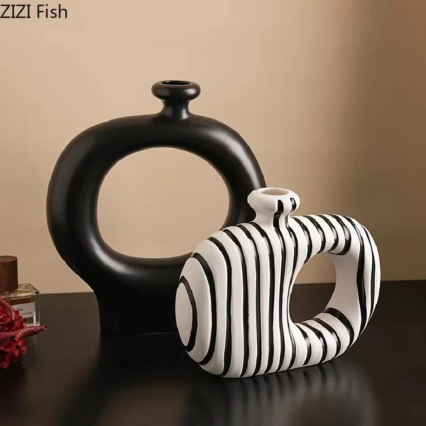 Zebra Stripes Ceramic Vase Artificial Flower Decorative Flowers Pots Desk Decoration Modern Floral Vases Room Aesthetic Decor