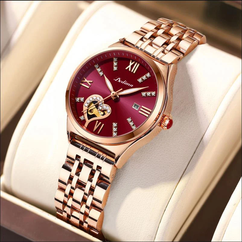 

High-end, fashionable, casual and versatile Roman numeral women's diamond-encrusted rose gold waterproof calendar watch