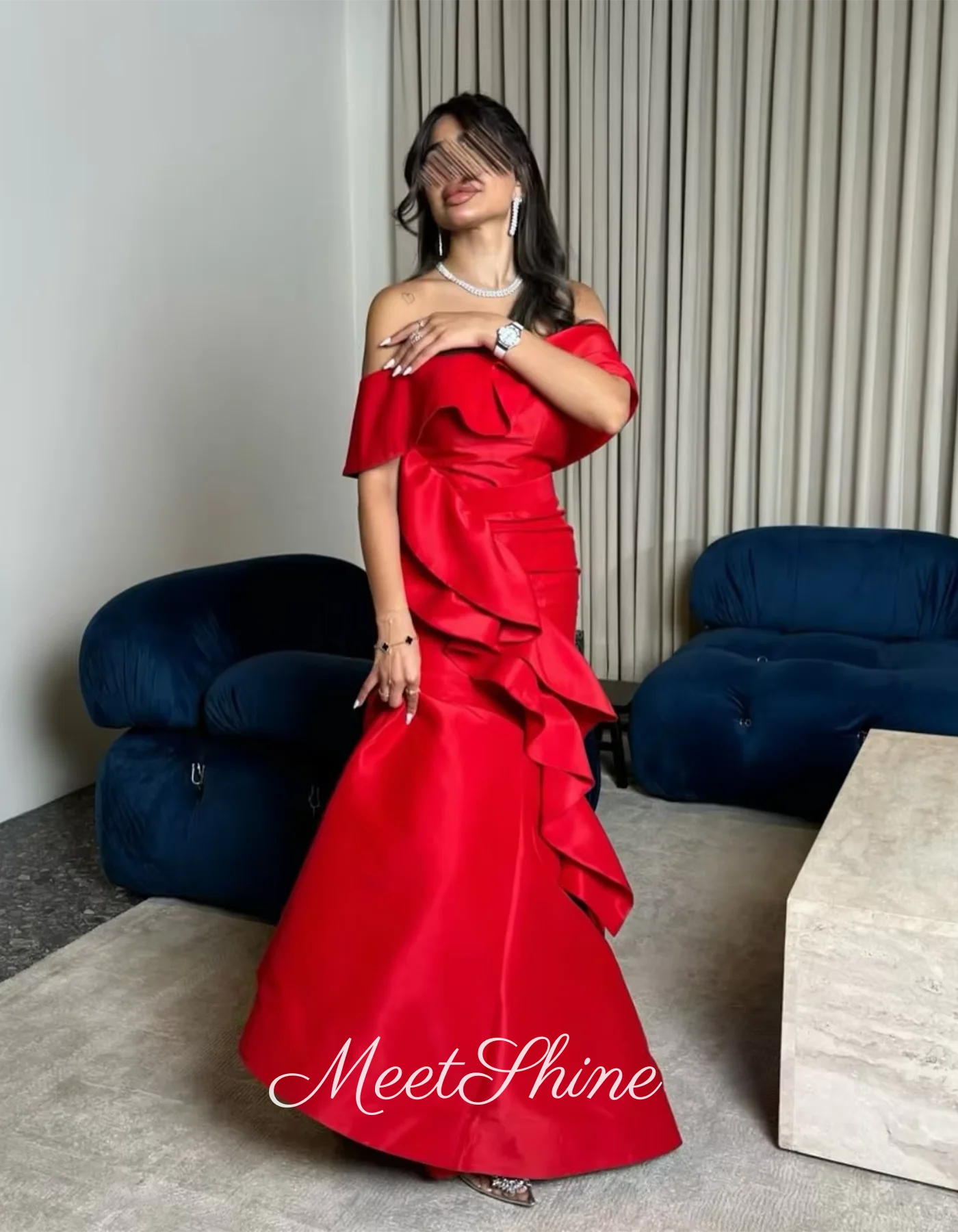 فستان سهرة أحمر بدون أكتاف حورية البحر طول الأرض فستان حفلة موسيقية حديث للمرأة فستان رسمي مخصص للحفلات 2025