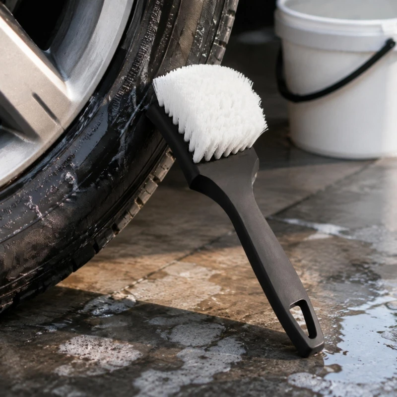 Handheld Tire Scrub Brush with Dense Nylon Bristles for Focused Cleaning of Car Tires, Carpeting, and Floor Mats H9EE