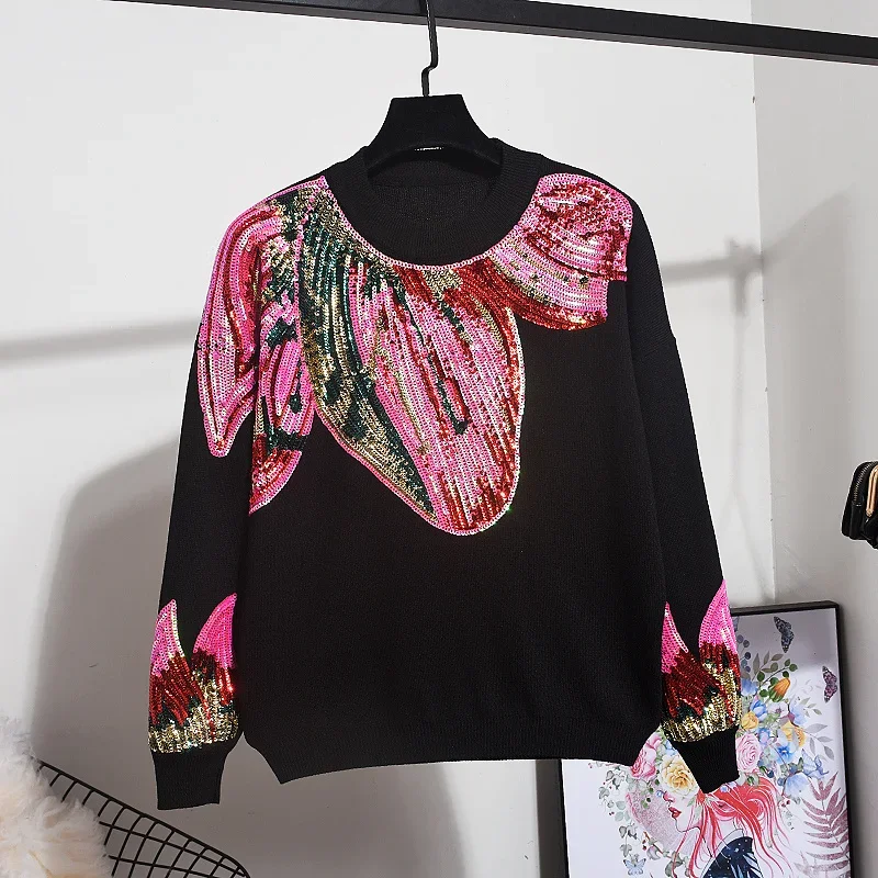 

Manual Sequins Tracksuit Outfits Women Autumn Fashion Loose Black Long Sleeve Knitted Sweater Pencil Pants 2 Piece Set Female
