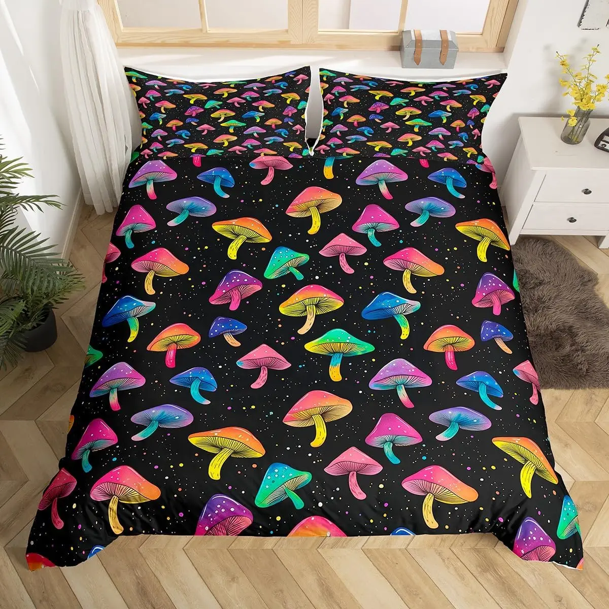 Boho Mushroom Duvet Cover Twin King Size,Trippy Mushroom Bedding Set Psychedelic Botanical Plants Wild Fungus Comforter Cover