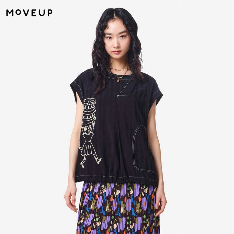 MOVEUP Round Neck Sleeveless T-Shirt 2026 Summer New Contrasting Line Character Embroidery Pocket Office Top For Women 3ELX20415