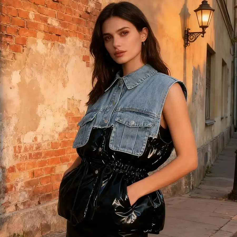 

Women's Trendy Personality Metallic Color Design Short Denim Patchwork Vest Coat Autumn Fashion