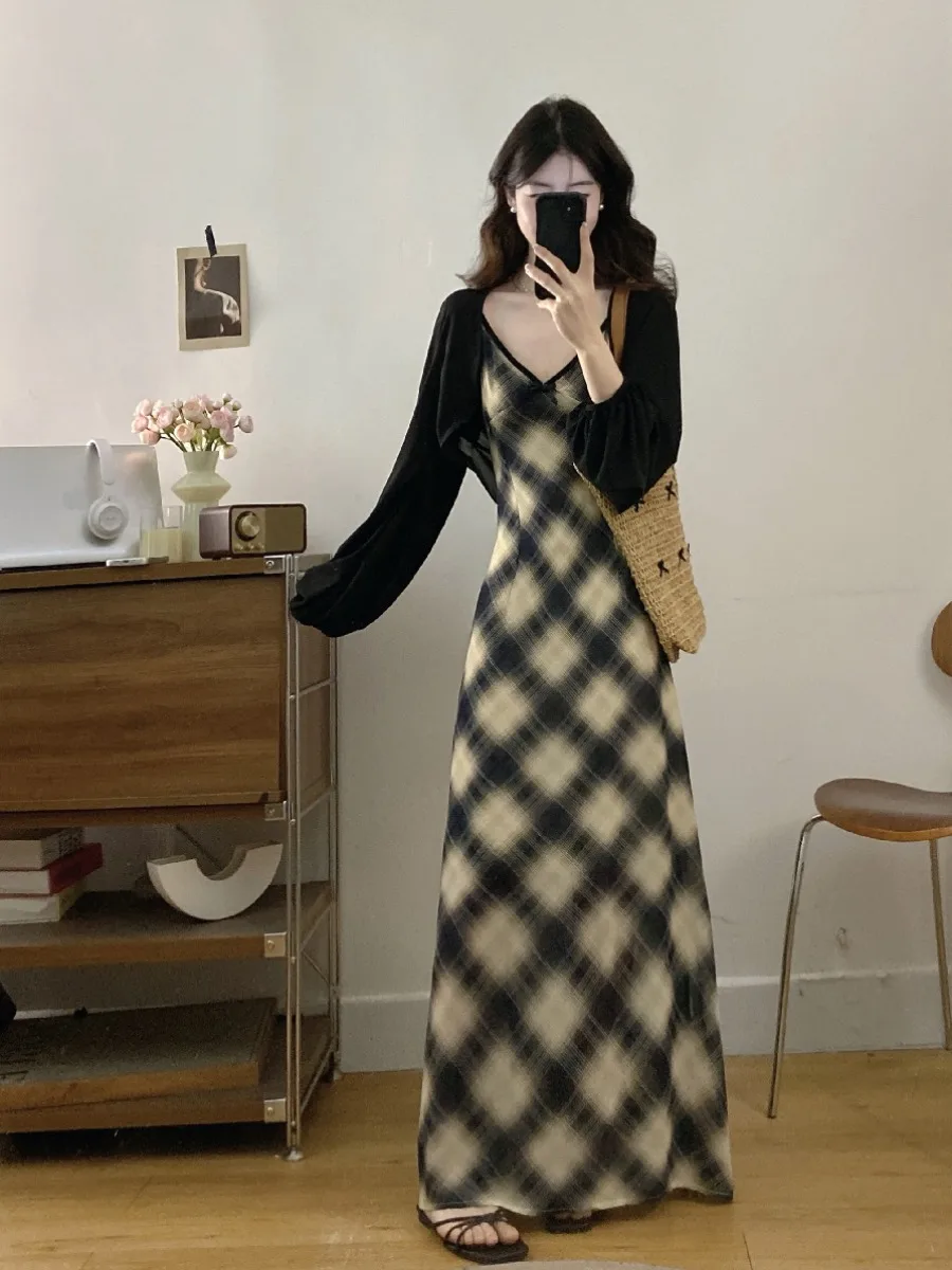 

plus Size Women's Vintage Plaid V-Neck Strap Dress with Knot Summer Open Cardigan Top And Bottom Two-Piece Set