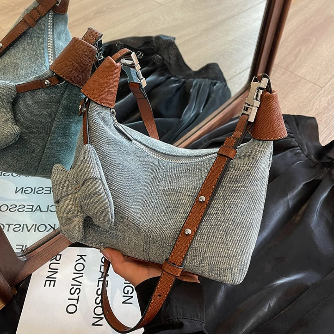 Vintage Washed Denim Dumpling Bag with Leather Handle for Women Girls Daily Commute School Retro Jean Crossbody Shoulder Purse