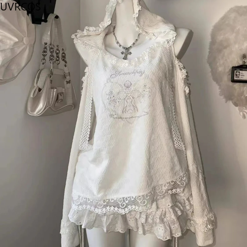 Conjunto de falda estilo Kawaii para mujer, Top gótico Sexy con hombros descubiertos y capucha, minifaldas con forma de pastel, trajes coreanos Y2k, conjunto de 2 piezas