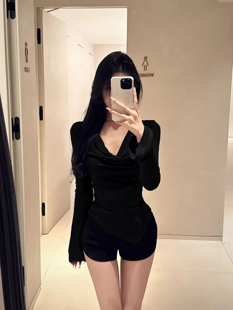 Fashion Irregular Long Sleeve T Shirt Women Autumn Sexy Slash Neck Slim Female Base Tops Korean Solid Simple All Match Pullover