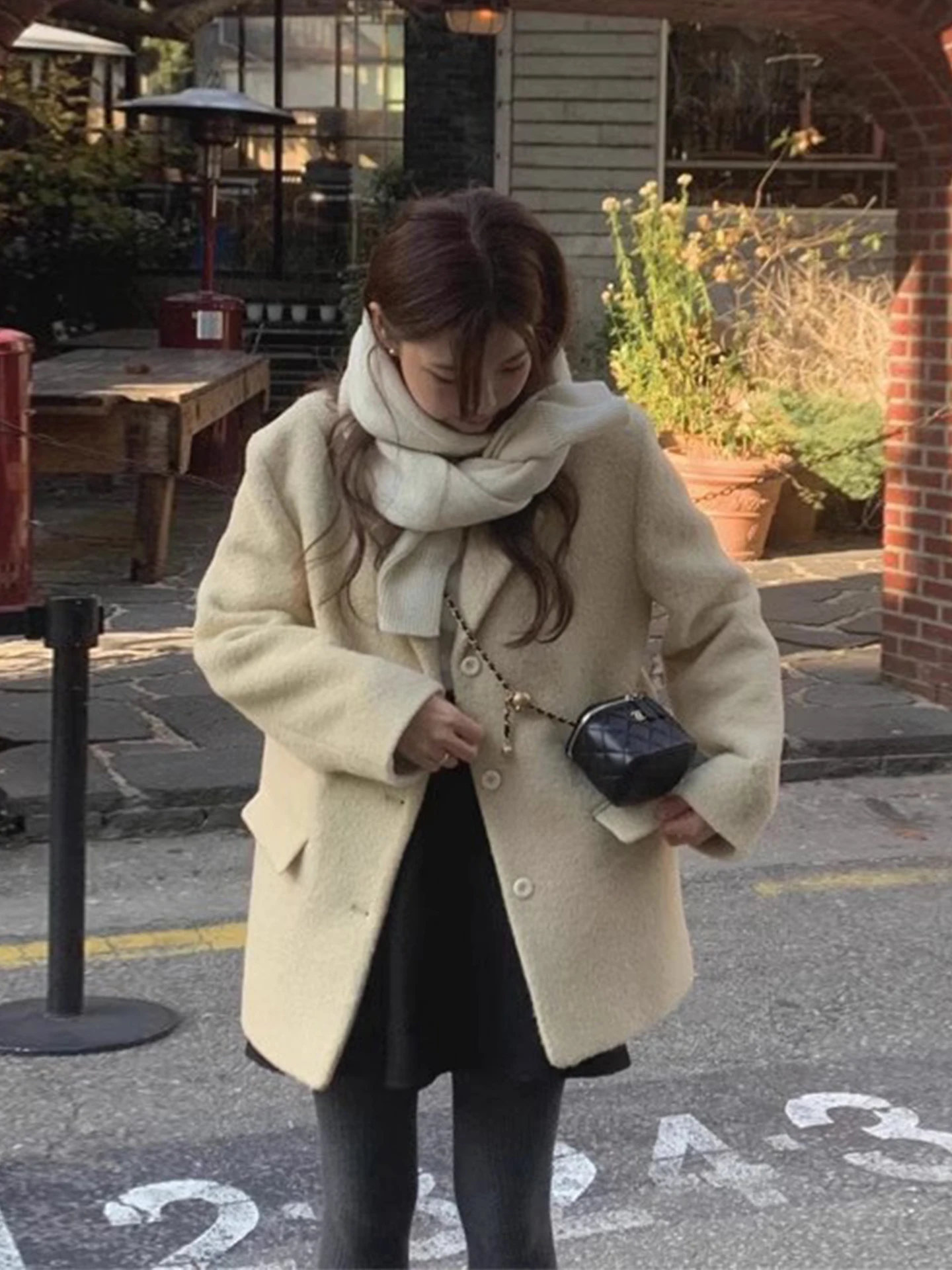 

Женская шерстяная куртка Ele ort, новинка зимы 20225, универсальный костюм с воротником, корейский свободный крой, длинный све, чистый цвет