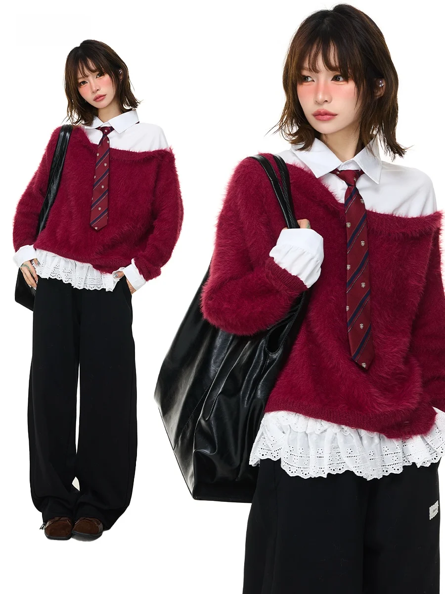 

Свободный вязаный свитер в студенческом стиле для женщин, осенне-зимний, имитация двухслойности, теплый, с эффектом расслабленного кроя